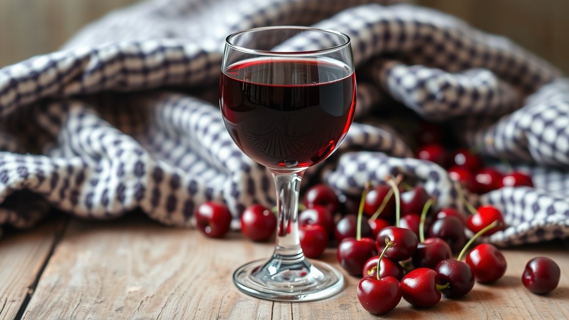 Egy pohár meggybór friss meggyel, háttérben konyharuha