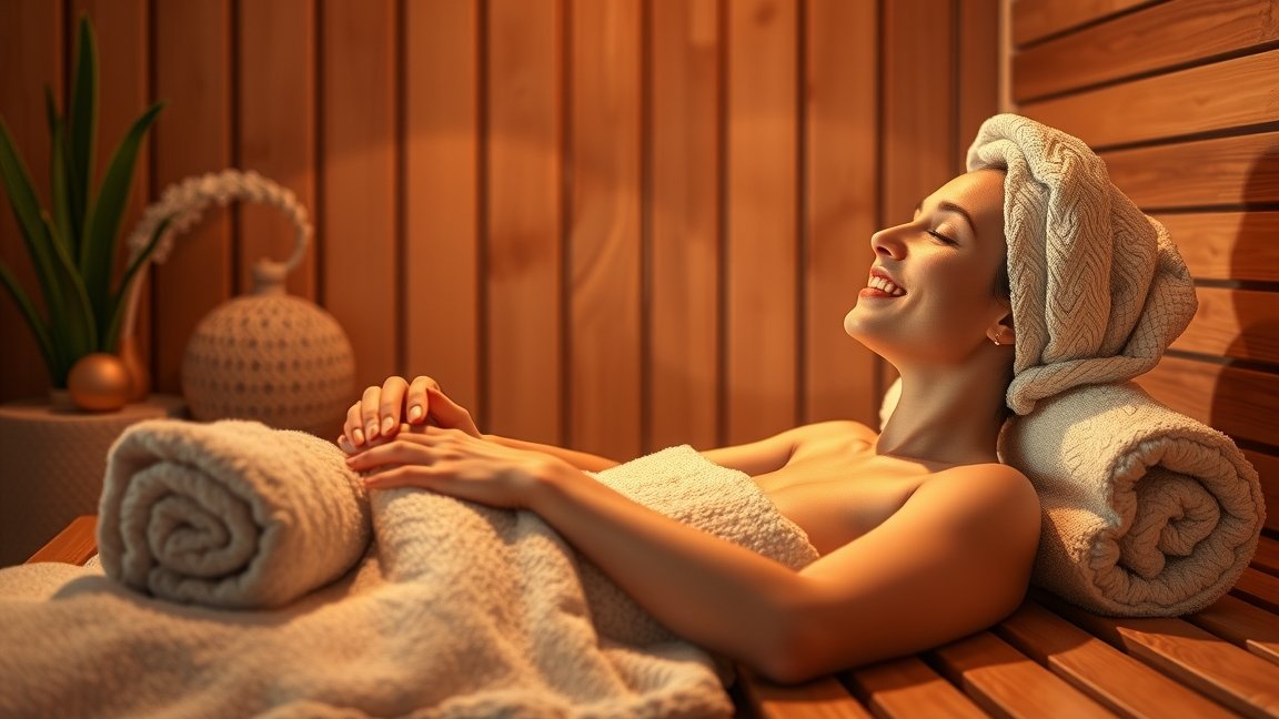 Nő a szaunában, aki relaxál és élvezi a melegterápiát.