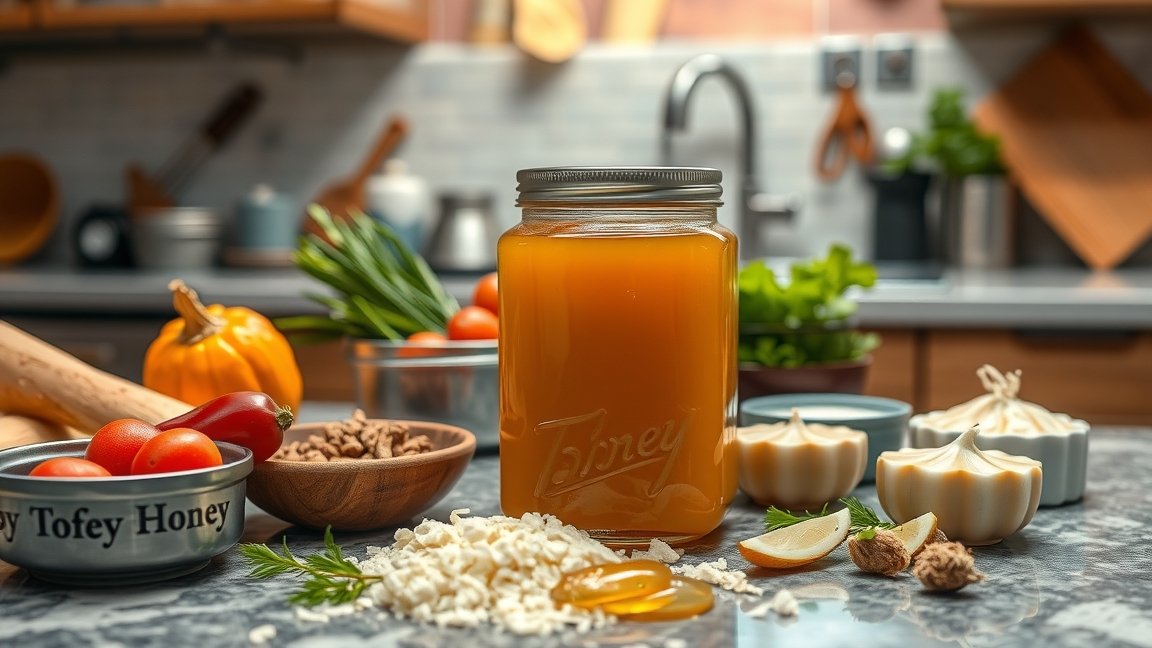 Mézontofu-méz: Egyedi édesítőszer jótékony hatásokkal és konyhai felhasználással 1 Mézontofu-méz és friss hozzávalók a konyhában