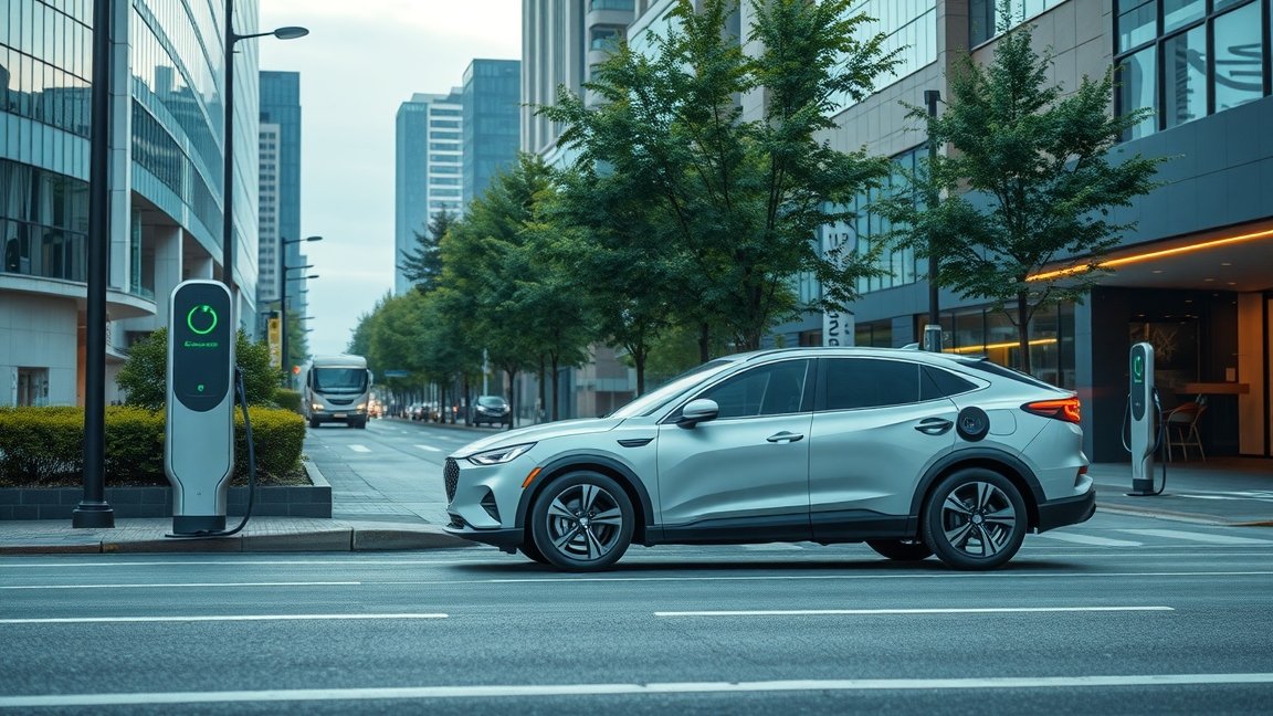 Öntöltő hibrid autó töltőállomásnál a városban.