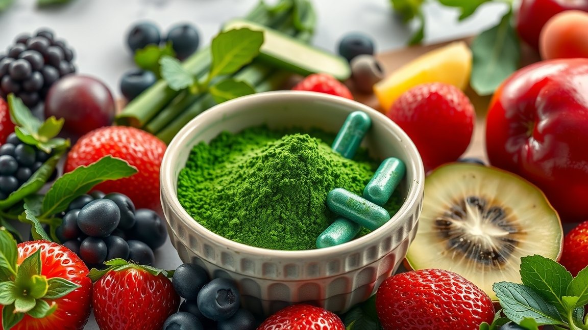 Tál spirulina por és kapszulák, friss gyümölcsökkel és zöldségekkel körülvéve