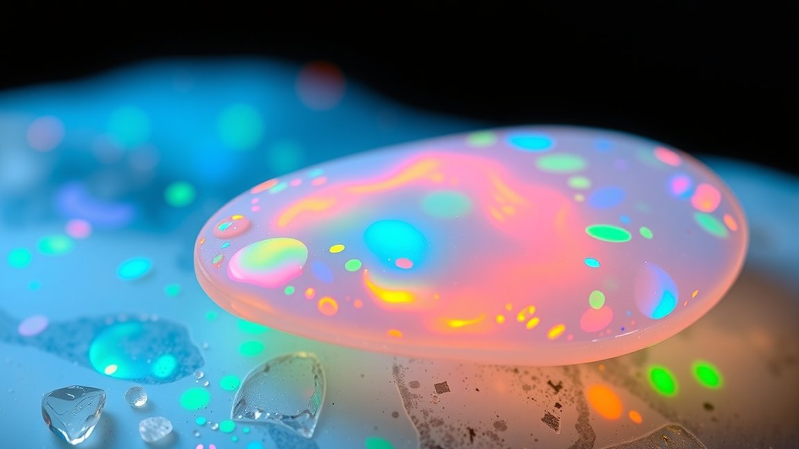 Szintetikus opál vízcseppekkel és élénk színjátékban.