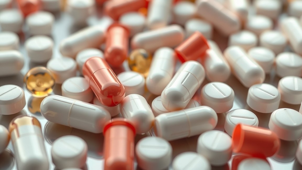 Különböző gyógyszerek és kapszulák közelképe, a Talliton hatásaival kapcsolatban.