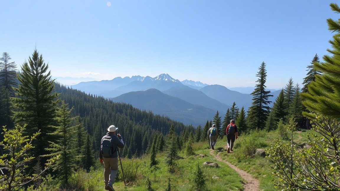 Túrázók hegyvidéki úton, körülöttük gyönyörű természet.