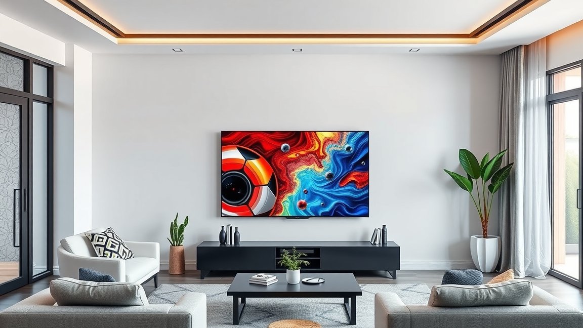 TCL 115X955 Max televízió színes képernyővel egy modern nappaliban.