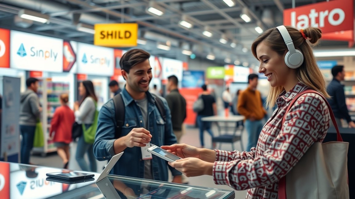 Nő fülhallgatóval webshop vásárlását segíti elektronikus boltban.