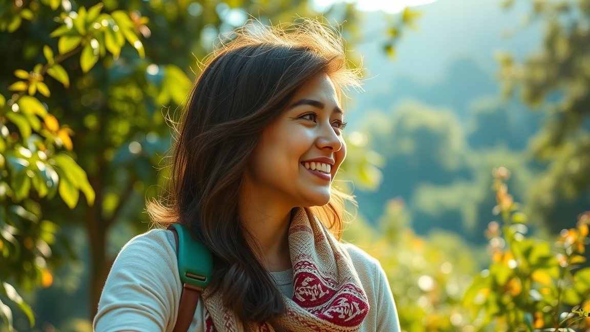 Fiatal nő mosolyog a természetben, napfényben, jókedvvel.