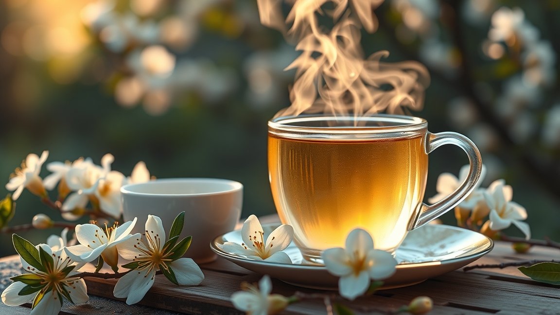 Gőzölgő fehér akácvirág tea csésze virágokkal