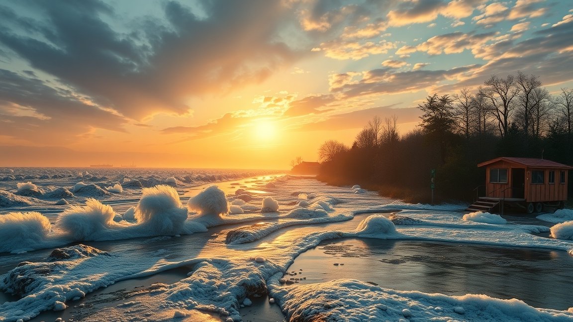 Fagyos tengerparti táj naplementekor, hullámokkal és jégképződményekkel.