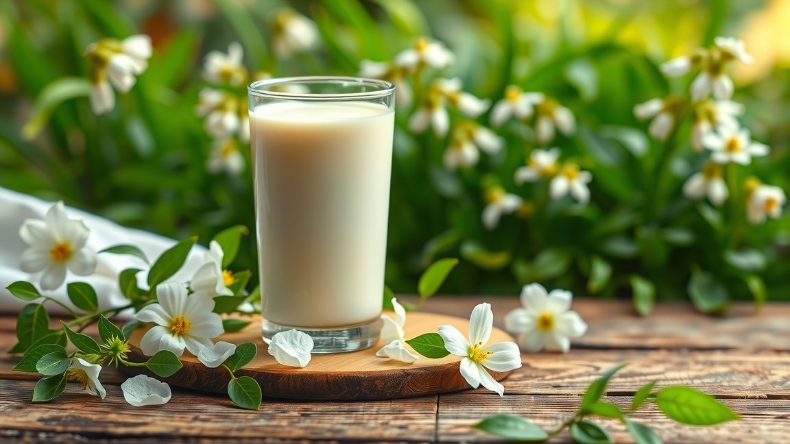 Egy pohár kecsketej és friss virágok egy fás tányéron