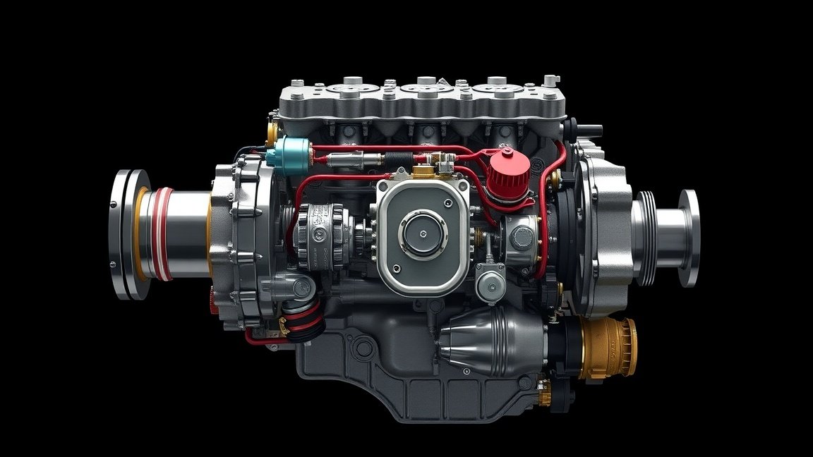 Négyütemű motor képe, bemutatva a belső alkatrészeit és működését.