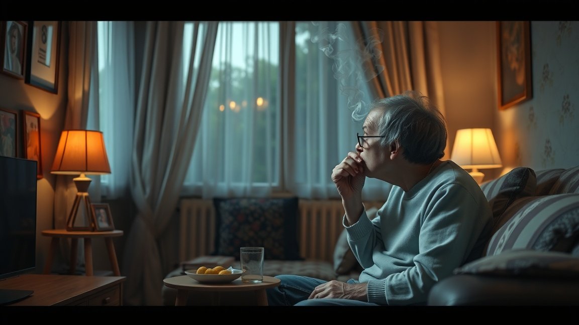 Egy idős férfi passzív dohányzás közben, otthoni környezetben.