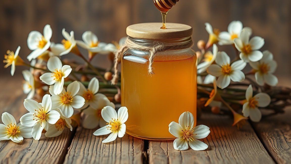 Selyemfű méz üvegben virágokkal díszítve, egészséges édesítőszer.