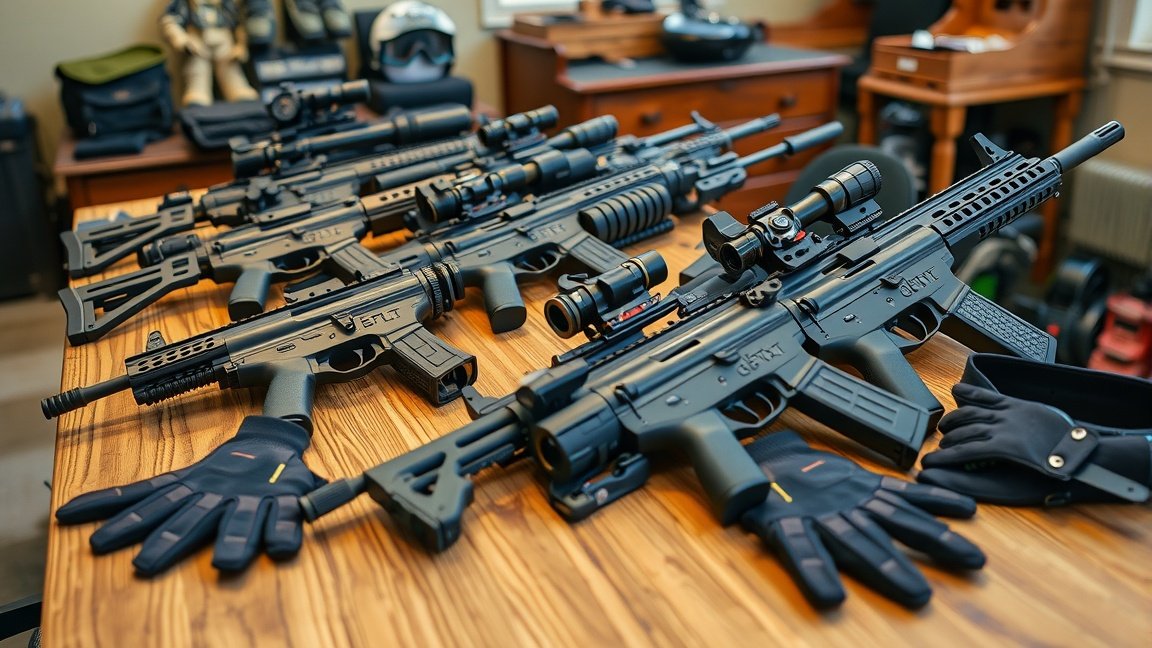 Airsoft fegyverek asztalon, különböző típusok és védőkesztyűk.