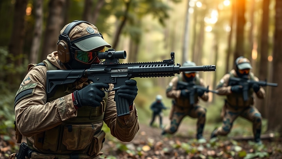 Airsoft fegyver használat közben erdős környezetben
