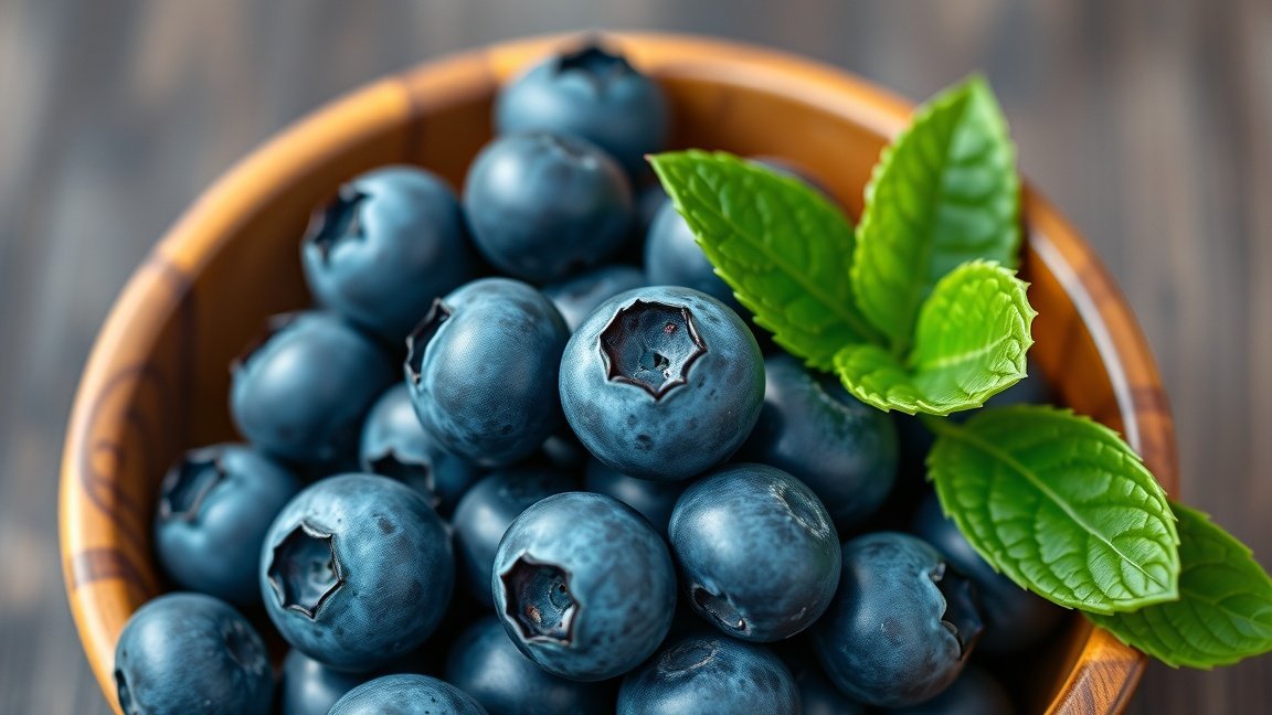 Friss áfonya levelekkel egy fából készült tálban.