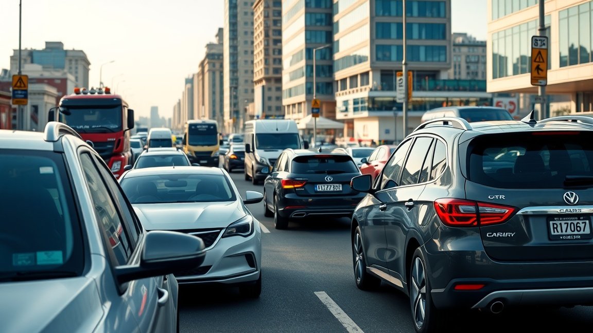 Forgalom egy forgalmas városi úton, különböző autók és járművek.