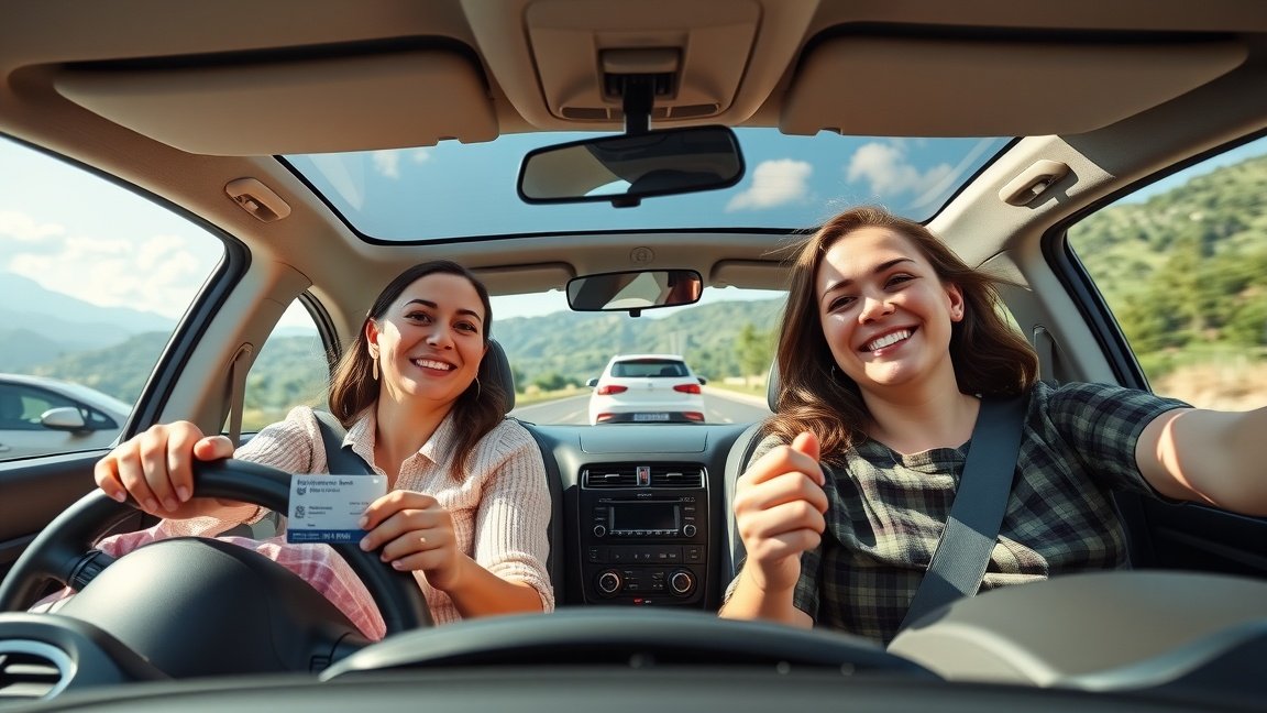 Két fiatal nő vezeti az autót, mosolyogva élvezik az utazást.