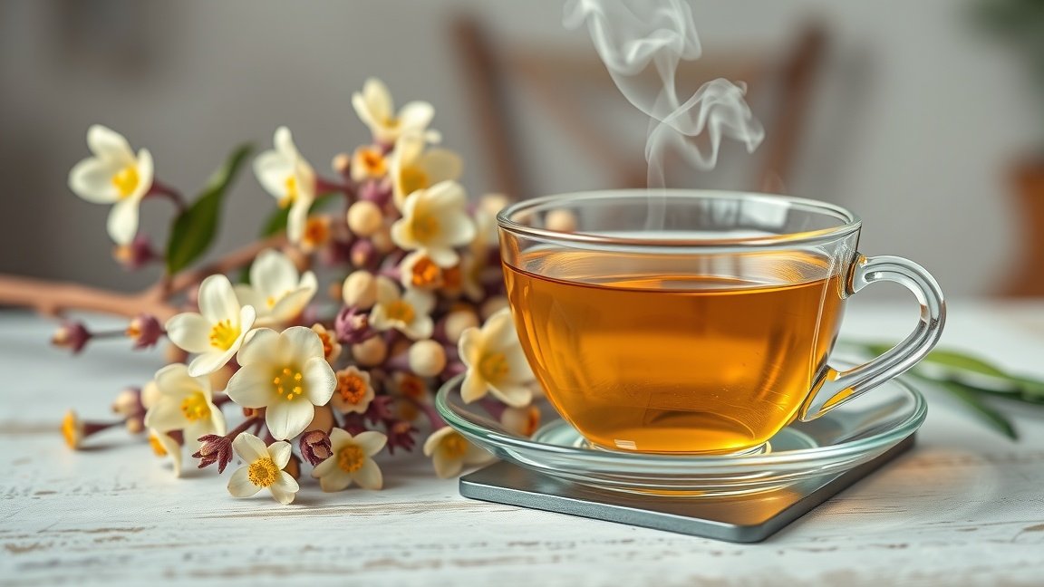 A fehér akácvirág tea előnyei és elkészítése az egészségünk érdekében 1 Friss fehér akácvirág tea gőzölgő csészében virágokkal.