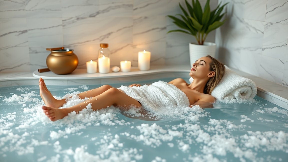 Epsom-só fürdőben relaxáló nő, wellness környezetben.