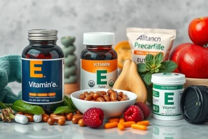 E-vitamin tartalmú étrend-kiegészítők és gyümölcsök elrendezve