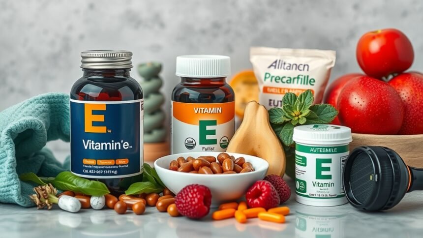 E-vitamin tartalmú étrend-kiegészítők és gyümölcsök elrendezve