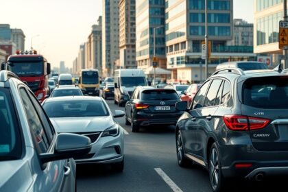 Forgalom egy forgalmas városi úton, különböző autók és járművek.