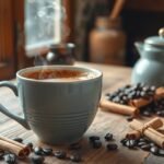 Friss fahéjas kávé csésze az asztalon, kávébabokkal és fahéjjal.