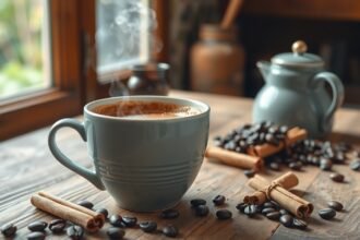 Friss fahéjas kávé csésze az asztalon, kávébabokkal és fahéjjal.