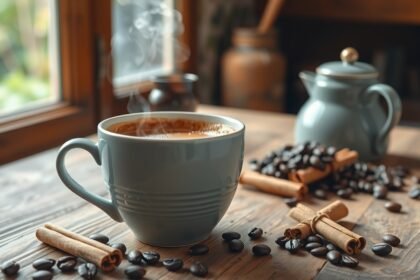 Friss fahéjas kávé csésze az asztalon, kávébabokkal és fahéjjal.