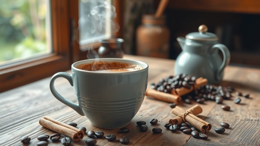 Friss fahéjas kávé csésze az asztalon, kávébabokkal és fahéjjal.