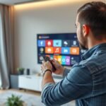 Férfi digitális televízió távirányítóval a nappaliban.