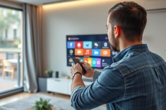 Férfi digitális televízió távirányítóval a nappaliban.