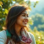 Fiatal nő mosolyog a természetben, napfényben, jókedvvel.