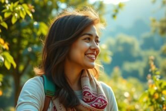 Fiatal nő mosolyog a természetben, napfényben, jókedvvel.