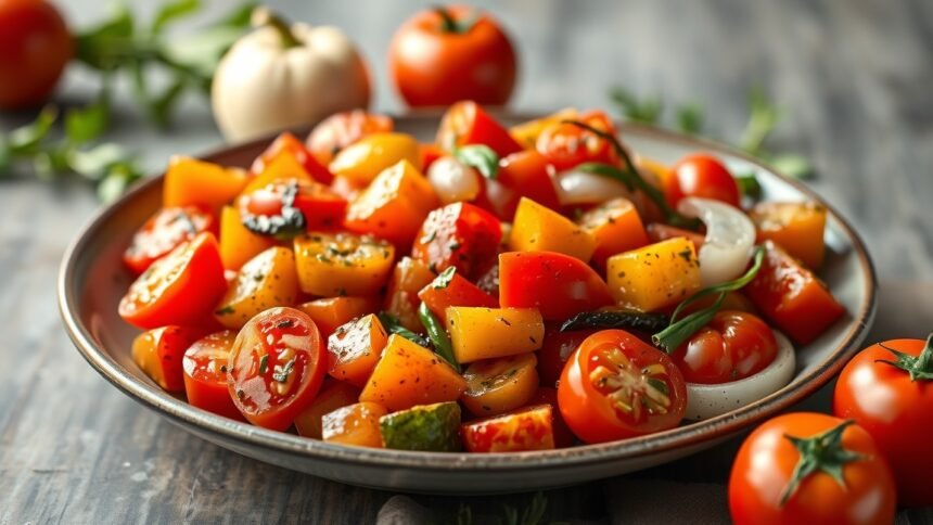 Friss lecsó friss zöldségekből, vitaminban gazdag étel.