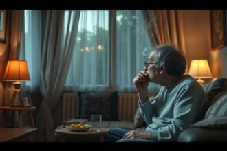 Egy idős férfi passzív dohányzás közben, otthoni környezetben.