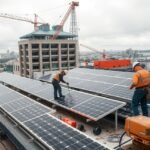 Napelemek telepítése tetőn, építkezési környezetben.