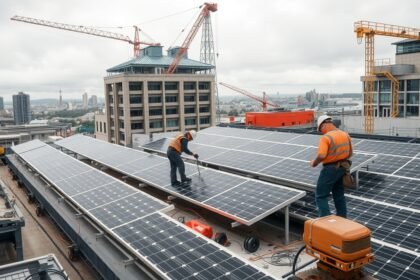 Napelemek telepítése tetőn, építkezési környezetben.