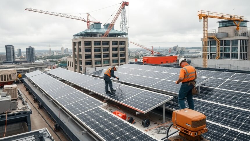 Napelemek telepítése tetőn, építkezési környezetben.