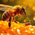 Méhecskék propolisz gyűjtés közben egy gyönyörű háttér előtt.