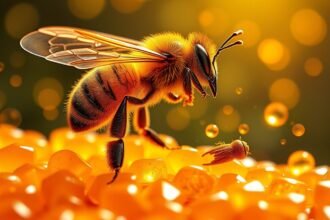 Méhecskék propolisz gyűjtés közben egy gyönyörű háttér előtt.