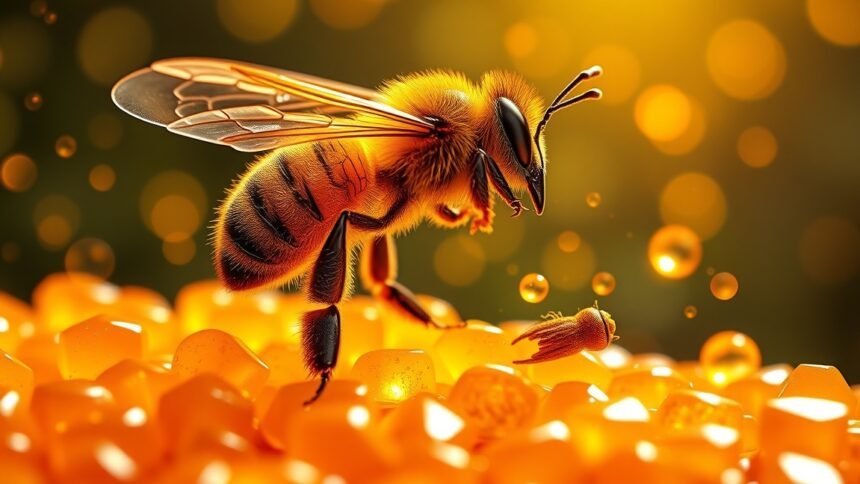 Méhecskék propolisz gyűjtés közben egy gyönyörű háttér előtt.