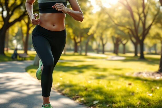 Futó nő parkban, formás hasizommal és sportos öltözékben.