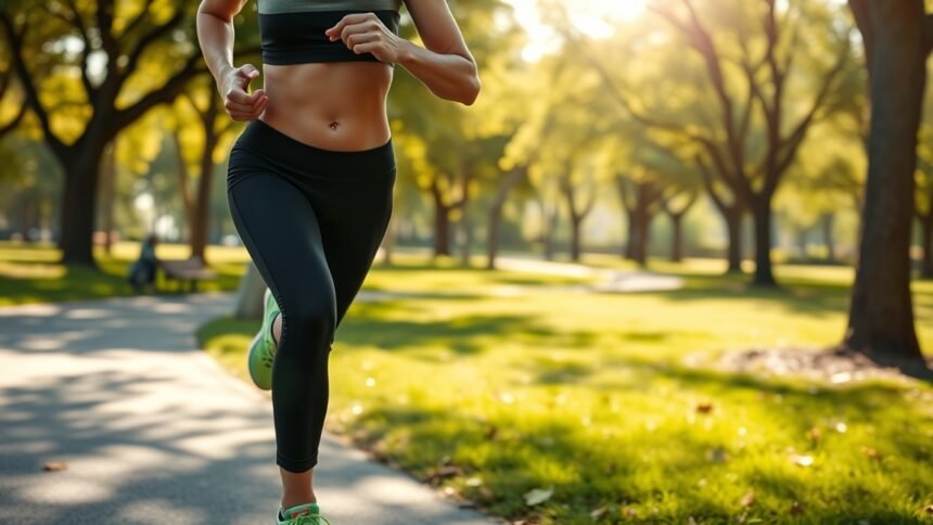 Futó nő parkban, formás hasizommal és sportos öltözékben.