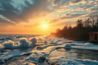 Fagyos tengerparti táj naplementekor, hullámokkal és jégképződményekkel.