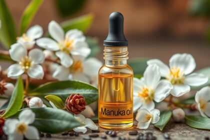 Manuka olaj üveg cseppentő, körülötte virágok és levelek.