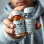 Xanax tabletta és gyógyszeres palackok kézben.