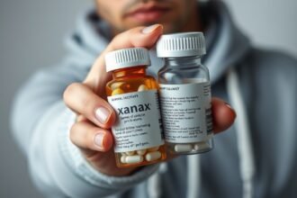 Xanax tabletta és gyógyszeres palackok kézben.