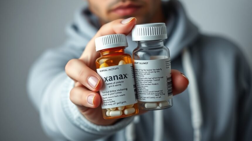 Xanax tabletta és gyógyszeres palackok kézben.